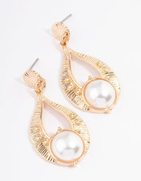 Gold Ray Ornate Pearl Drop Earrings - link has visual effect only