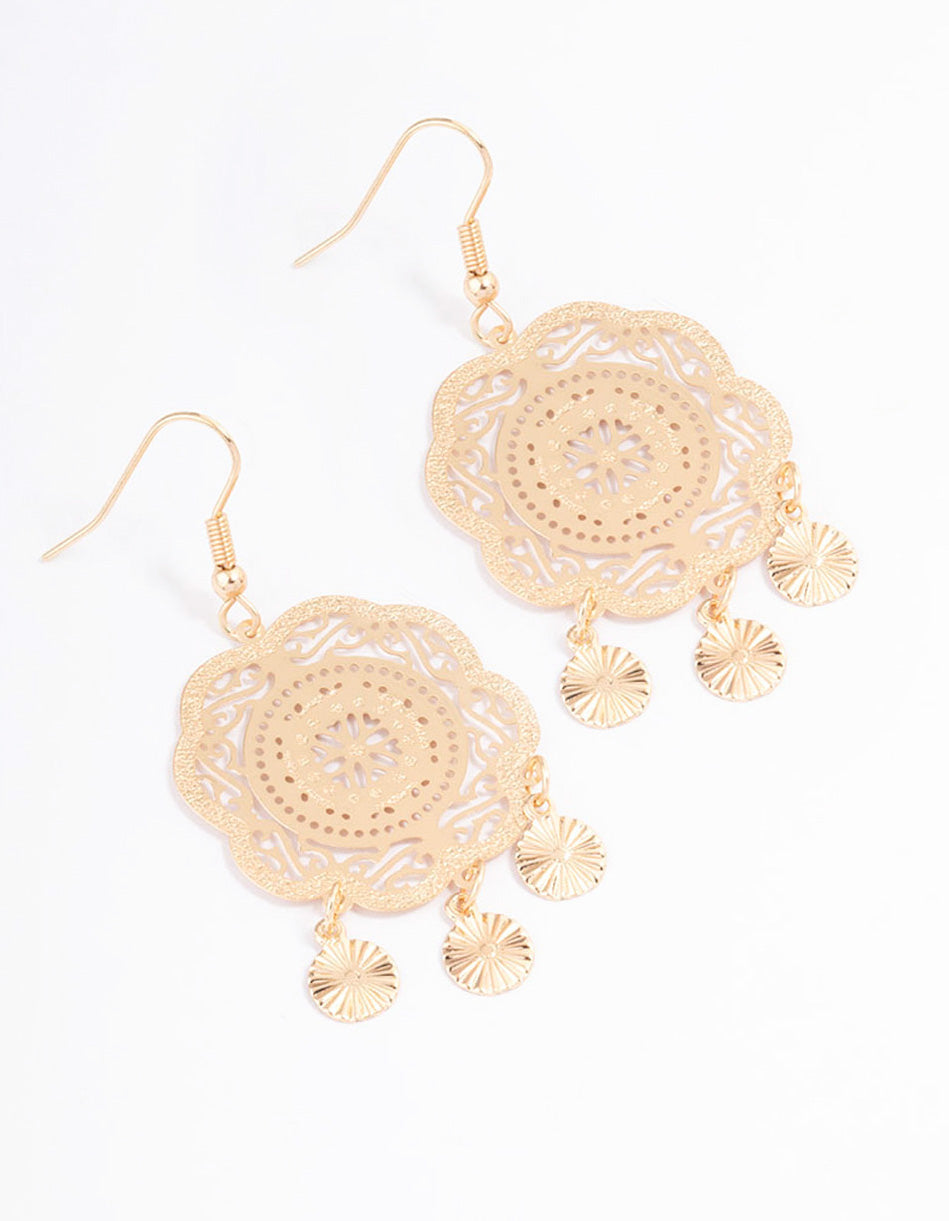Gold Filigree Flower & Disc Drop Earrings
