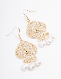 Gold Triple Pearl Filigree Drop Earrings - link has visual effect only