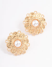 Gold Swirl Pearl Flower Stud Earrings - link has visual effect only