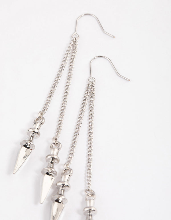 Silver Double Row Chain Spike Drop Earrings