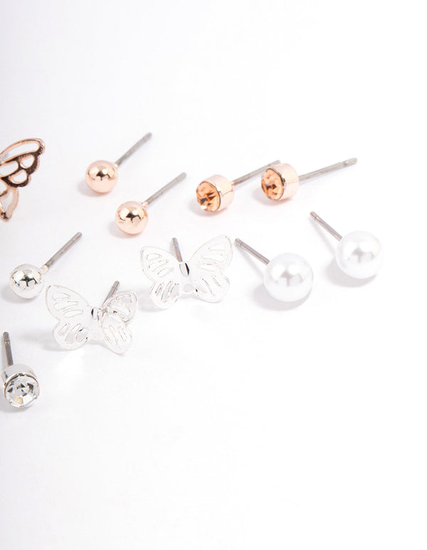 Rose Gold Basic Stud & Butterfly Earrings 8-Pack