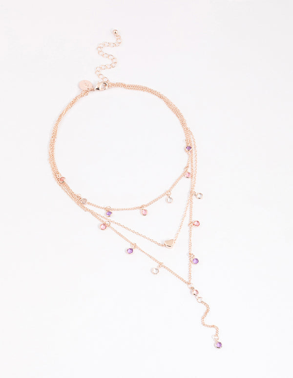 Rose Gold Triple Row Diamante Droplet Y-Necklace