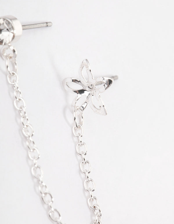 Silver Diamante & Flower Chain Earrings