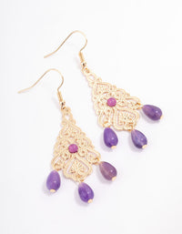 Purple Long Ornate Beaded Drop Earrings - link has visual effect only