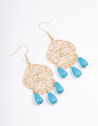 Teal Triple Beaded Ornate Drop Earrings - link has visual effect only