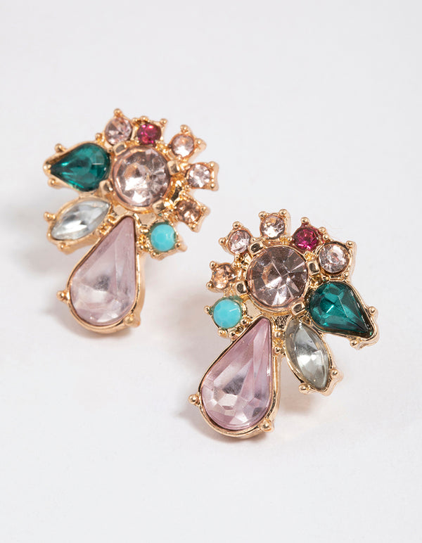 Gold Pear Mixed Cluster Stud Earrings