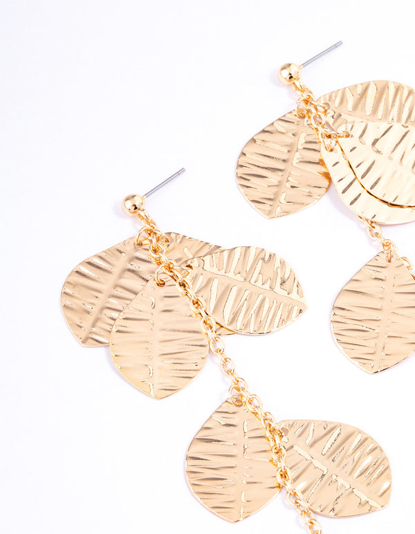 Gold Textured Layered Leaf Drop Earrings