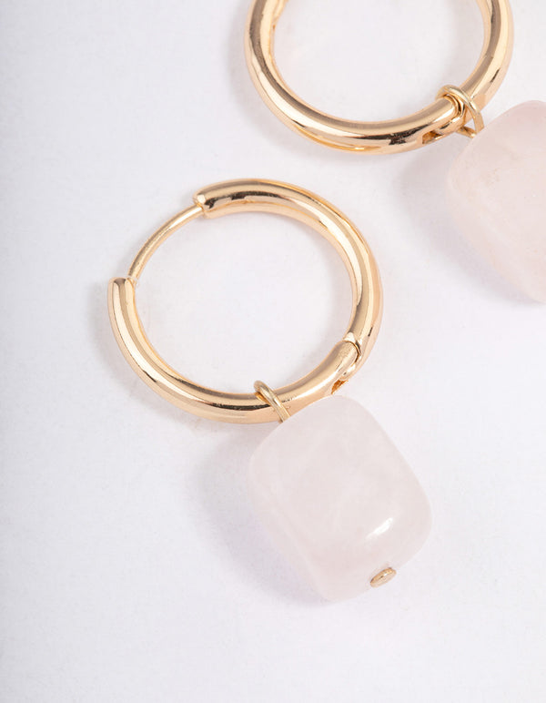 Gold Rose Quartz Square Pendant Huggie Earrings