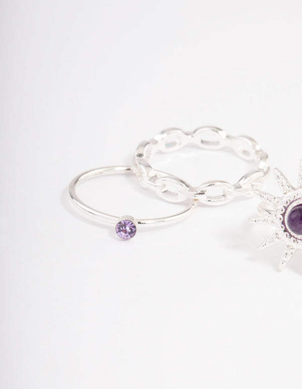 Silver Amethyst Cluster Chain Ring Pack