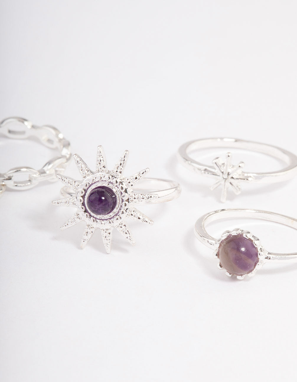 Silver Amethyst Cluster Chain Ring Pack