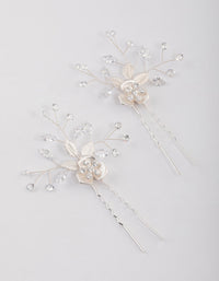 Silver Cubic Zirconia Floral Hair Pins Pack - link has visual effect only