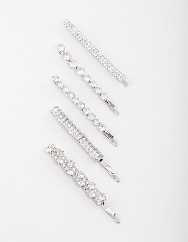 Silver Cubic Zirconia Mixed Stone Hair Clips 4-Pack