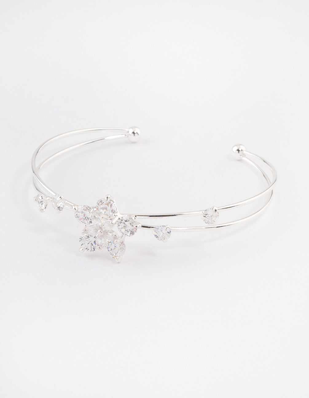 Silver Cubic Zirconia Flower Cross Over Cuff Bangle