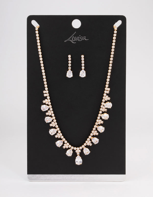 Gold Cubic Zirconia Cupchain Teardrop Jewellery Set
