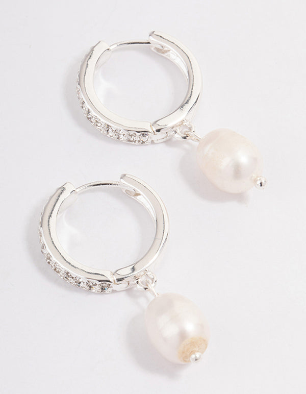 Silver Plated Diamante Huggie Freshwater Pearl Earrings