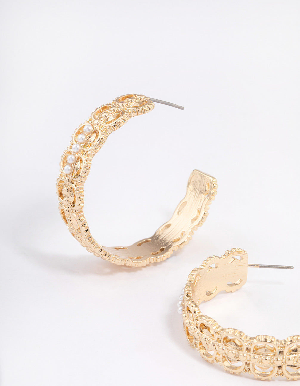 Gold Plated Large Ornate Pearl Hoop Earrings