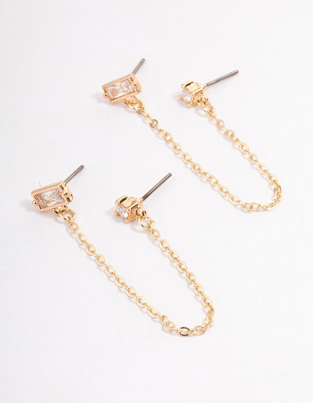 Gold Plated Cubic Zirconia Round & Baguette Chain Earrings