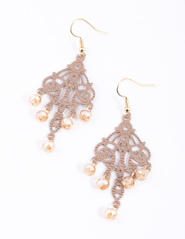 Brown Triple Prong Ornate Drop Earrings
