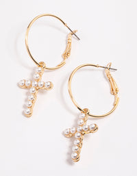 Gold Simple Pearl Cross Hoop Earrings - link has visual effect only