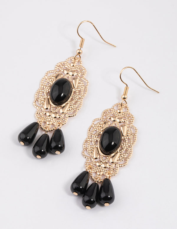 Black Long Tassel Ornate Drop Earrings