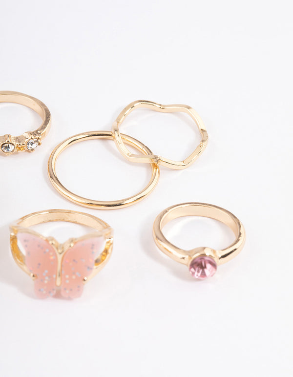 Gold Heart & Butterfly Ring 7-Pack