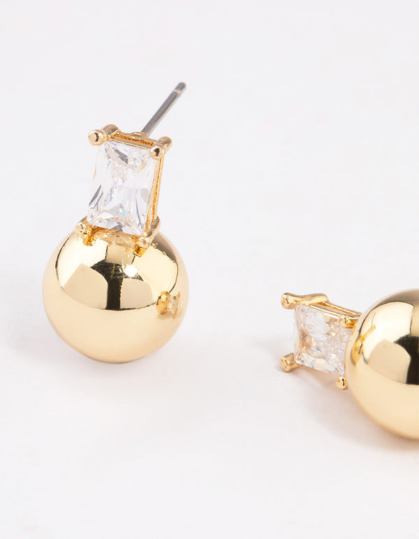Gold Plated Cubic Zirconia Baguette & Ball Stud Earrings