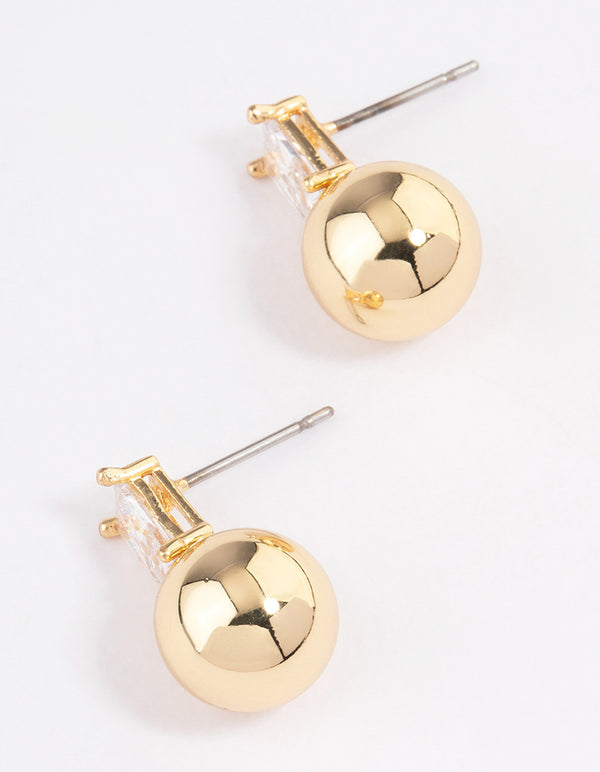Gold Plated Cubic Zirconia Baguette & Ball Stud Earrings