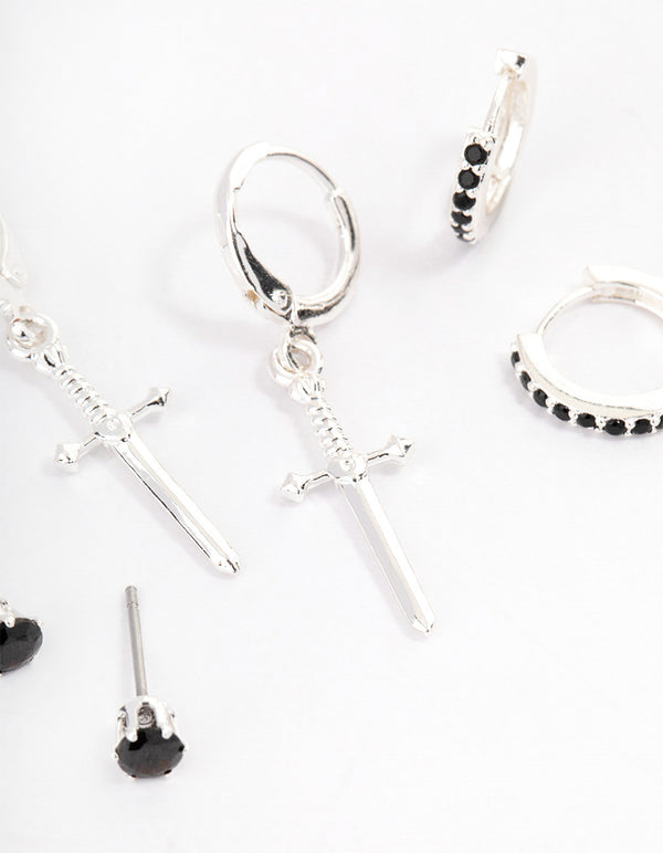 Silver Plated Brass  Cubic Zirconia Dagger Huggie Earrings Pack