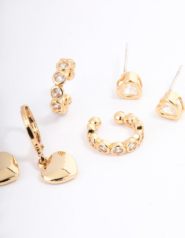 Gold Plated Brass Cubic Zirconia Heart Huggie & Cuff Earrings Pack