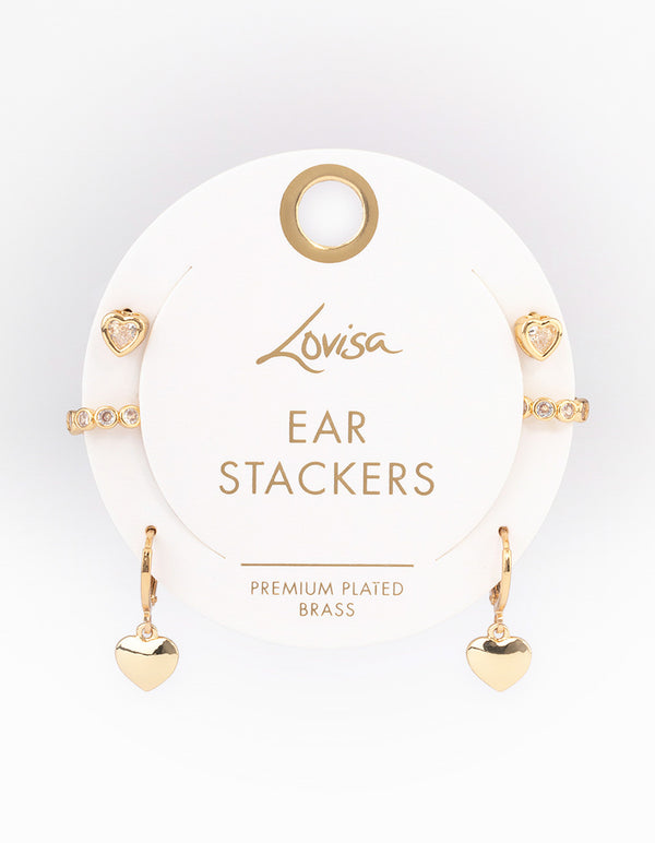 Gold Plated Brass Cubic Zirconia Heart Huggie & Cuff Earrings Pack
