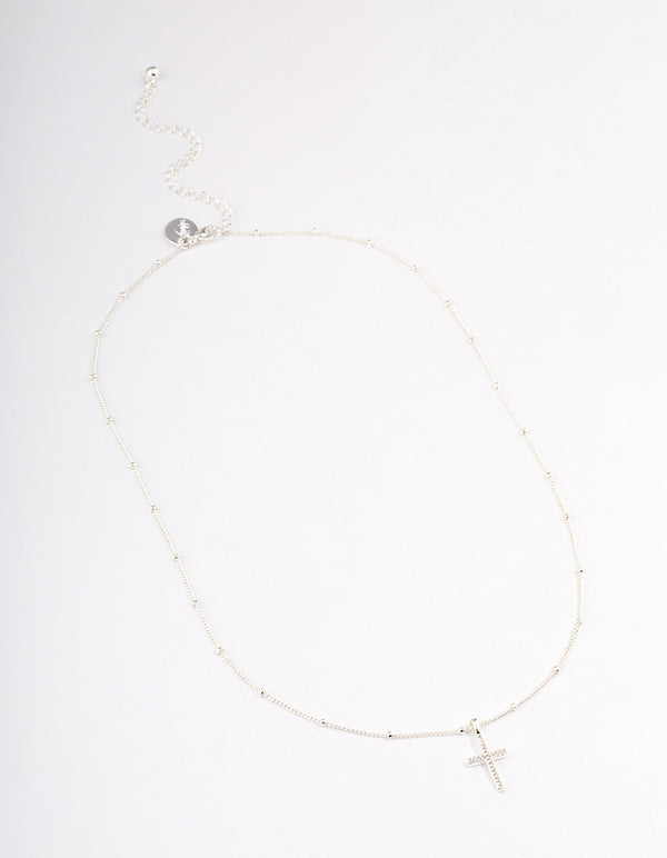 Silver Plated Brass  Cubic Zirconia Pave Cross Necklace