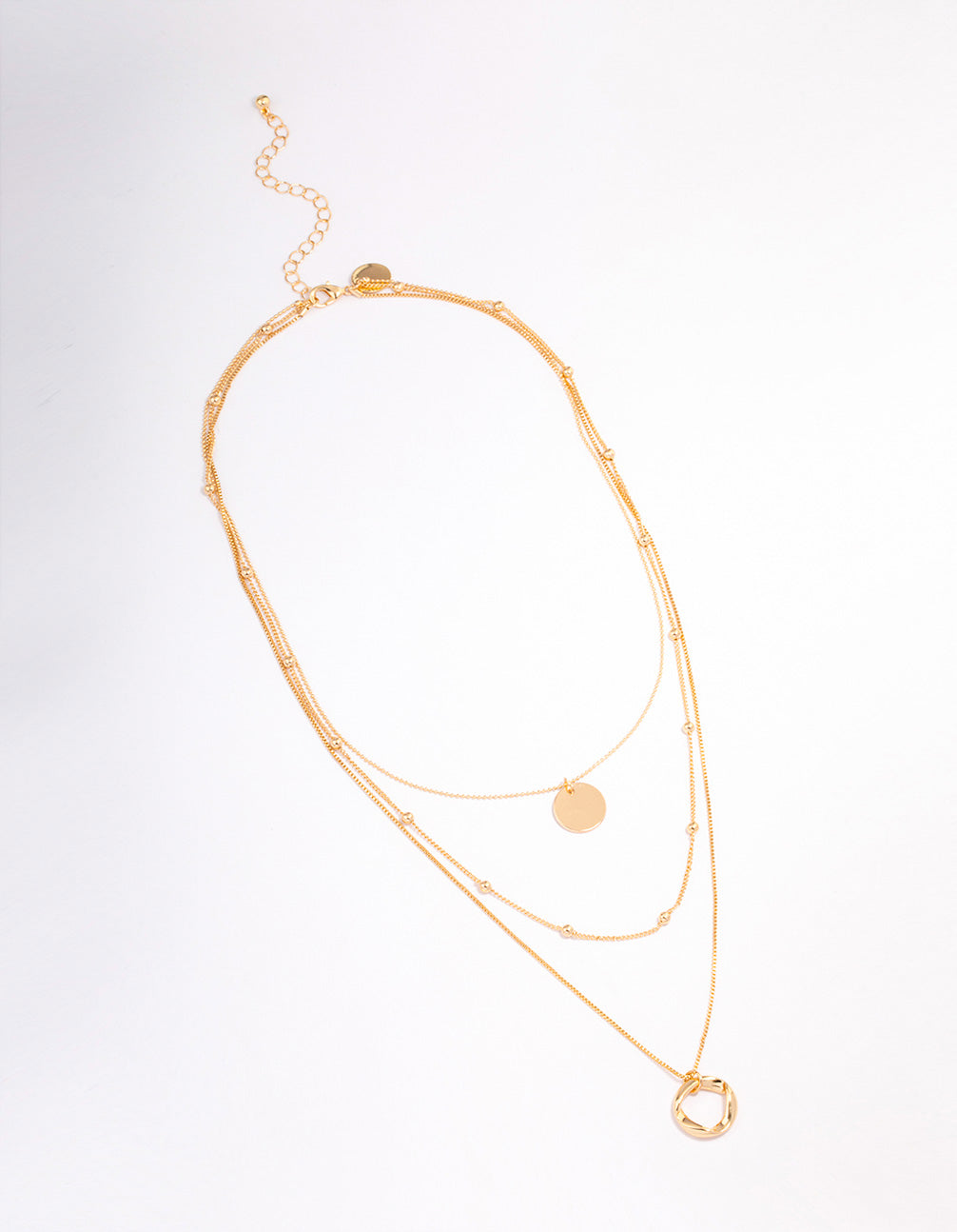 Gold Organic Circle Disc Triple Row Necklace