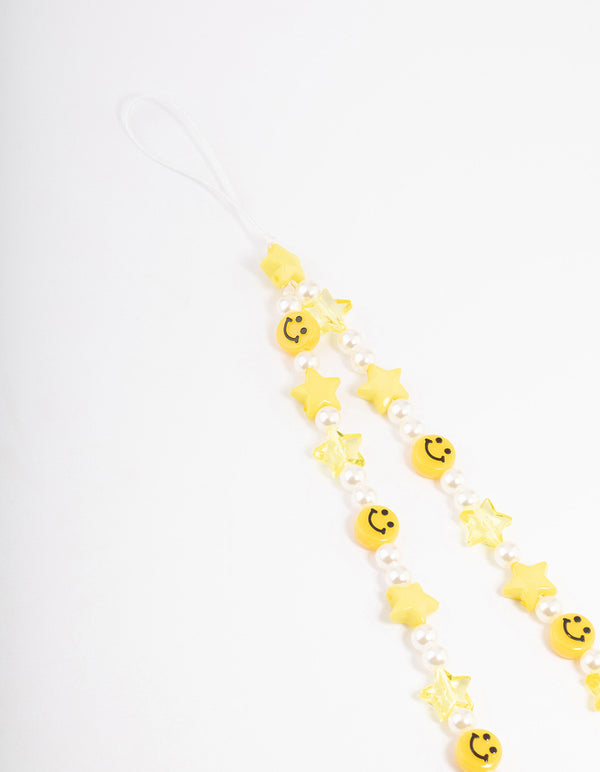 Pearl Smiley & Star Motif Phone Strap