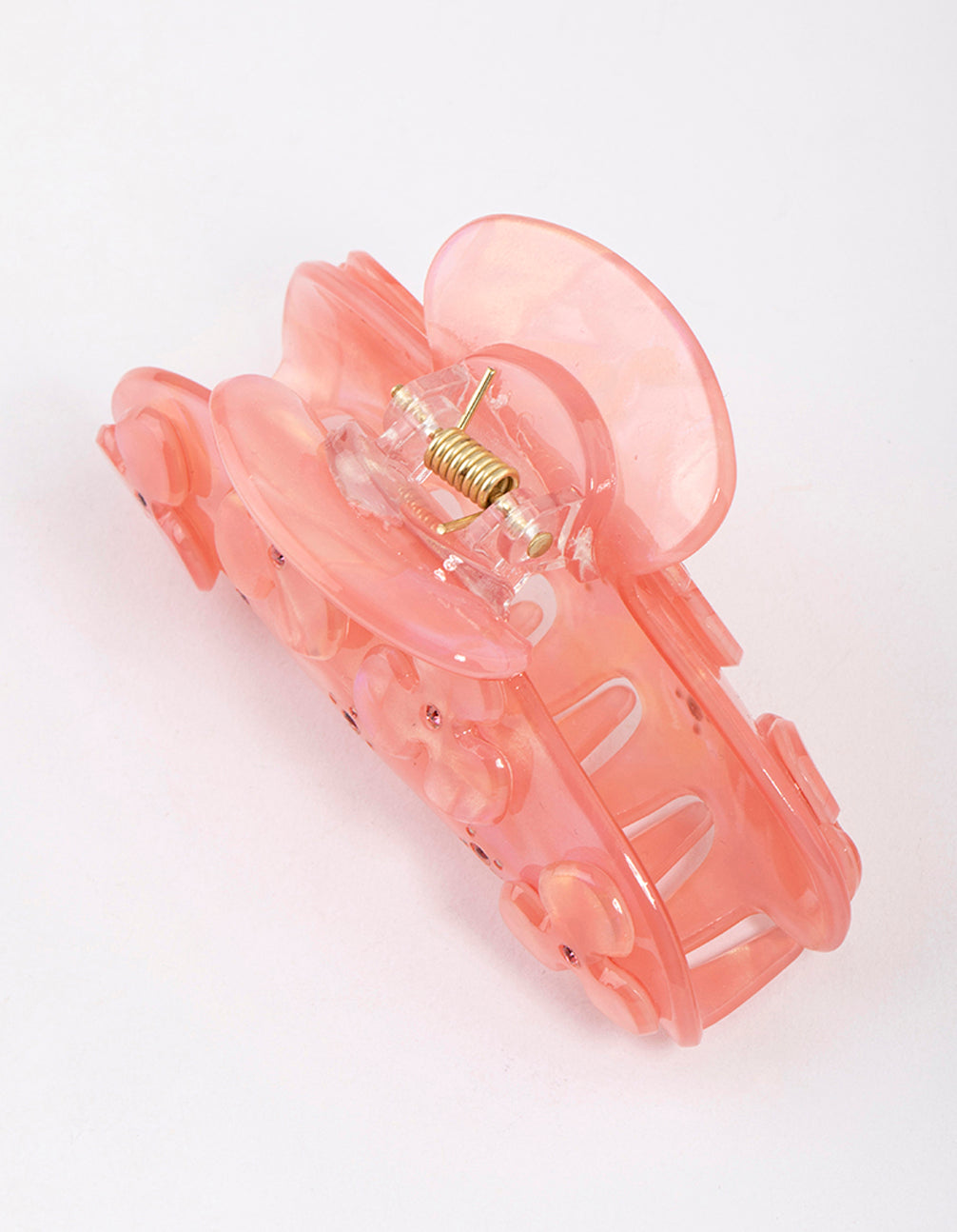Crafted blush acrylic flower diamante hair claw clip with floral design in pink and light coral detail view