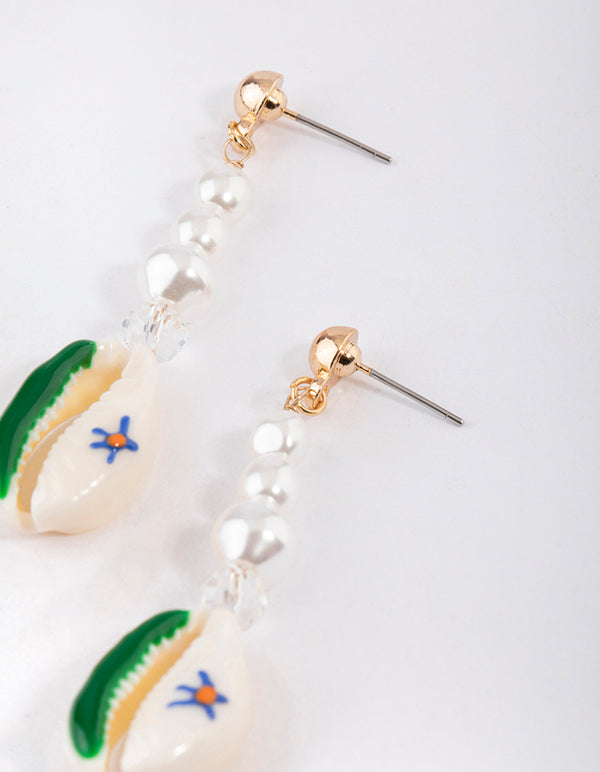 Green Flower Shell Pearl Drop Earrings