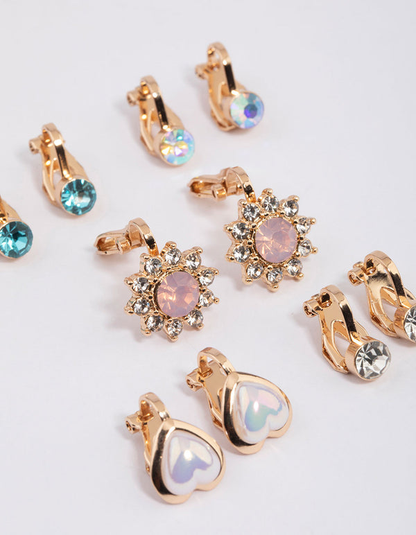 Gold Heart & Flower Clip On Earrings 5-Pack