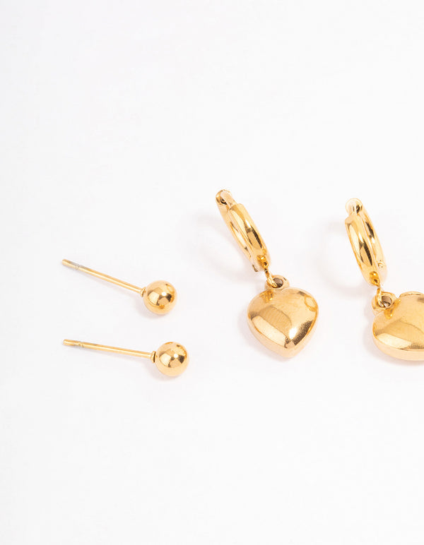 Waterproof Gold Plated Stainless Steel Cubic Zirconia & Huggie Heart Earrings Pack