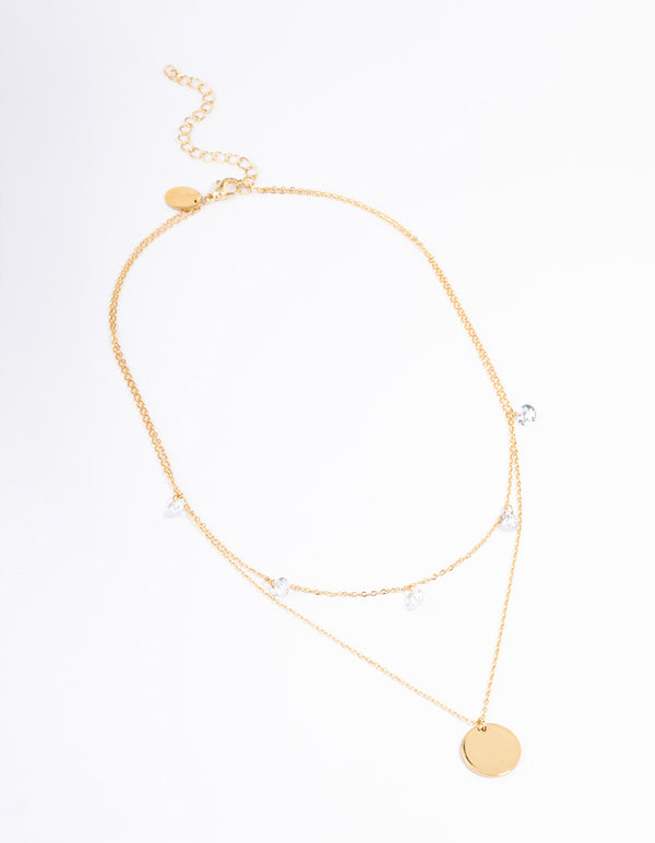 Waterproof Gold Plated Stainless Steel Cubic Zirconia Droplet & Disc Necklace