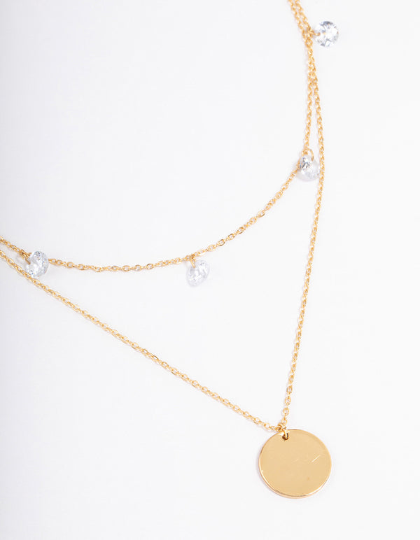 Waterproof Gold Plated Stainless Steel Cubic Zirconia Droplet & Disc Necklace