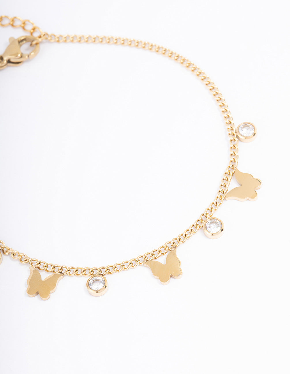 Waterproof Gold Plated Stainless Steel Butterfly & Cubic Zirconia Station Bracelet