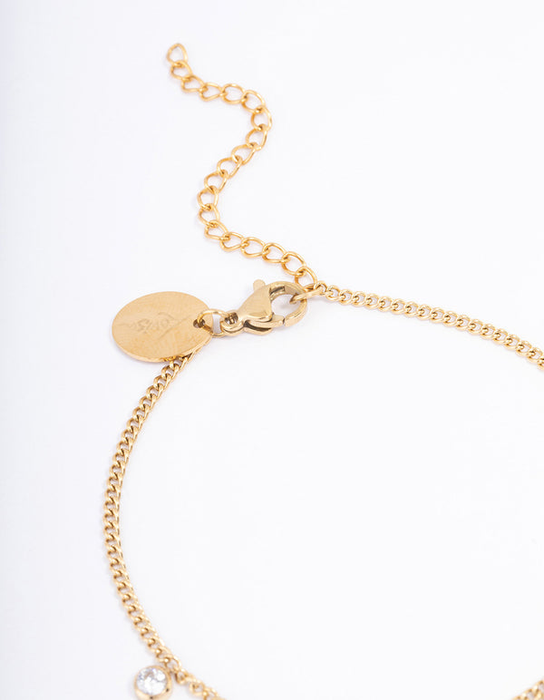 Waterproof Gold Plated Stainless Steel Butterfly & Cubic Zirconia Station Bracelet