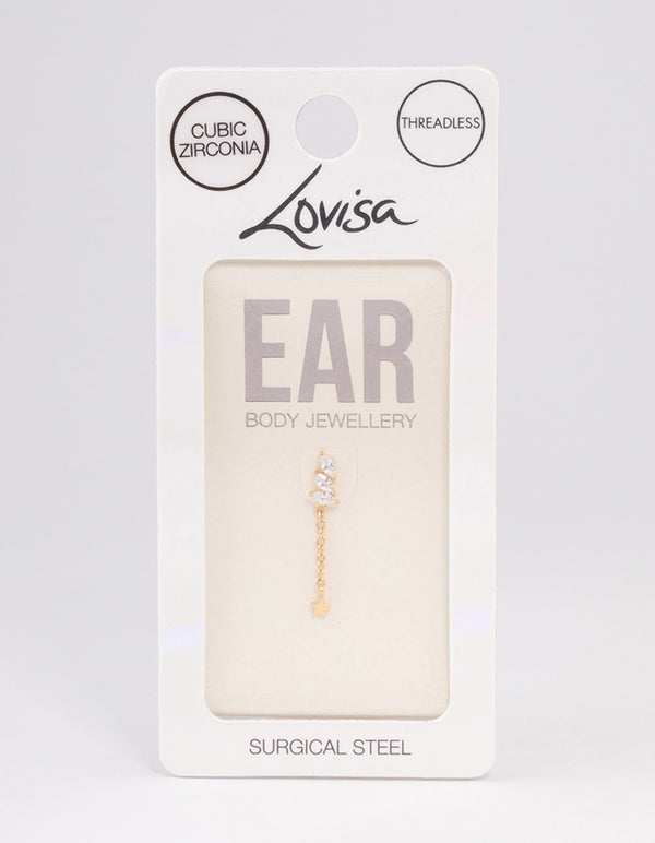 Gold Plated Surgical Steel Cubic Zirconia Triple Leaf Drop Flat Back