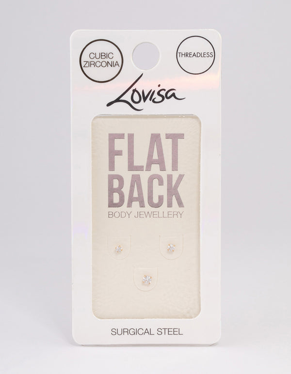 Gold Plated Surgical Steel Cubic Zirconia Stud Flat Back Pack