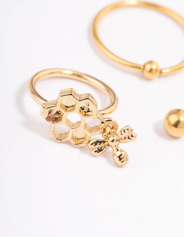 Gold Plated Surgical Steel Bee Ring Earrings Pack