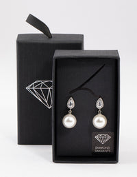 Rhodium Diamante Pear & Pearl Drop Earrings - link has visual effect only