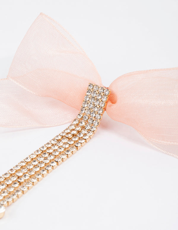 Gold Fabric Bow Diamante Drop Earrings