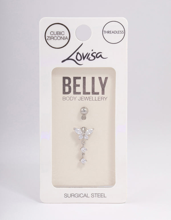 Surgical Steel Cubic Zirconia Butterfly Drop Belly Ring