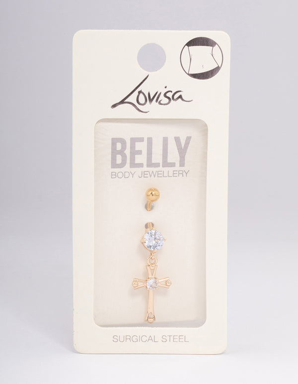 Gold Plated Surgical Steel Cubic Zirconia Cross Drop Belly Ring