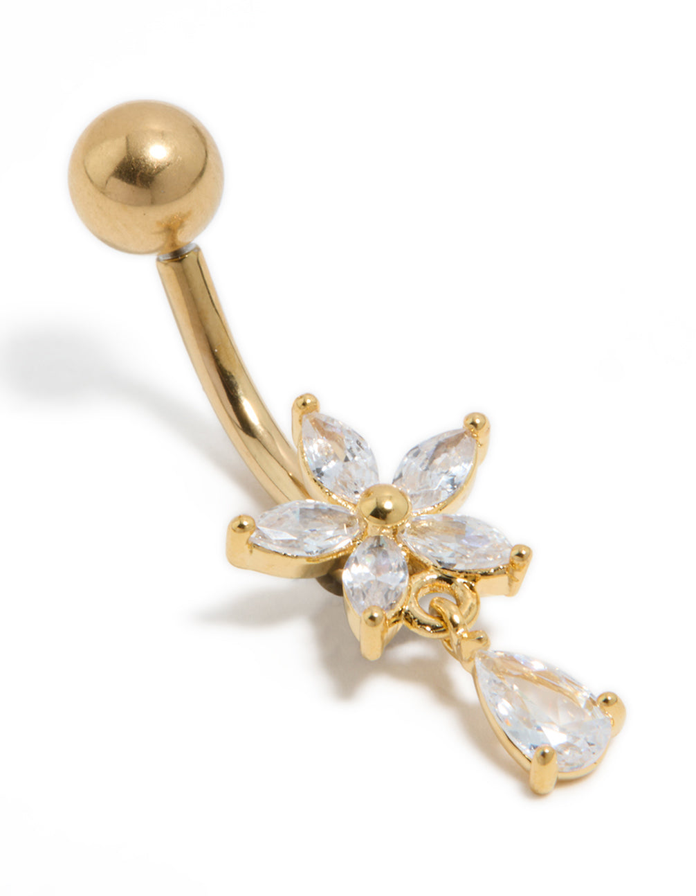 Gold Plated Surgical Steel Cubic Zirconia Flower Pear Threadless  Belly Bar